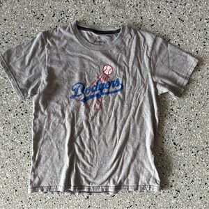 Fanatics Youth Gray Dodgers Tee with Blue Script and Red Baseball Shirt